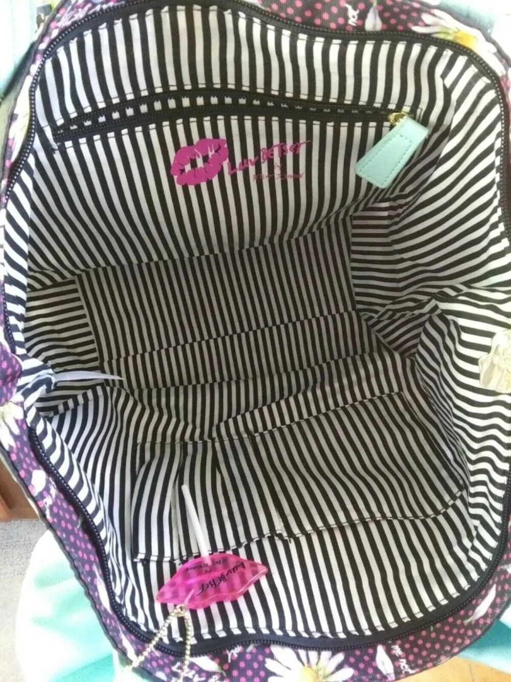 Betsey Johnson Purse Black & White with Teal Bow ...Very Cute